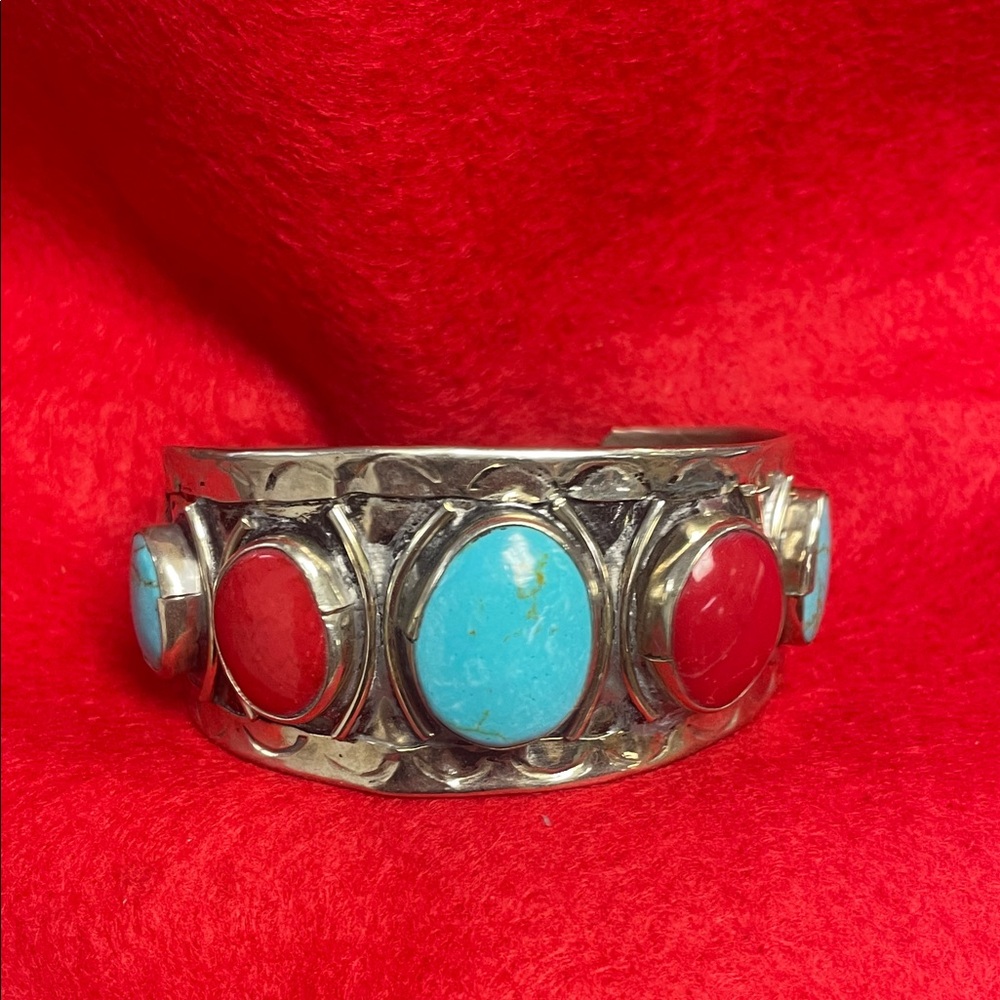 Vintage Sterling Silver Bracelet with Turquoise and Red Coral